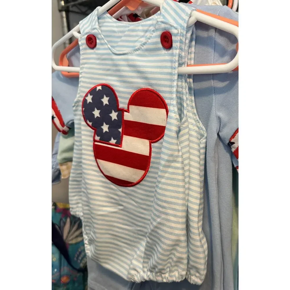 Abby & Evie Baby 3M Bubble Romper Boutique American Flag Mickey Embroidered NWOT